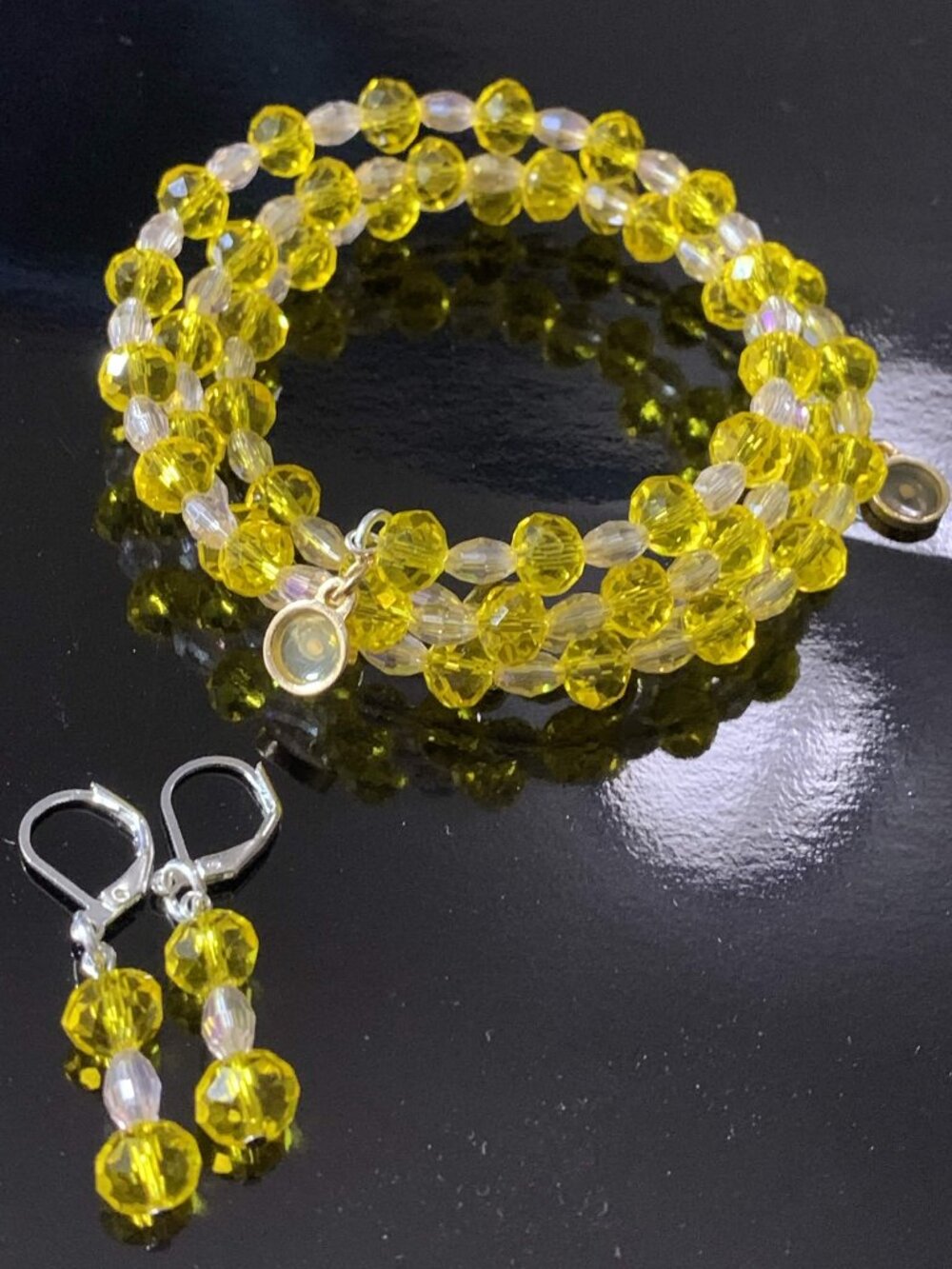 Handcrafted. Glass beaded 'mustard seed of faith' coil bracelet and earrings set